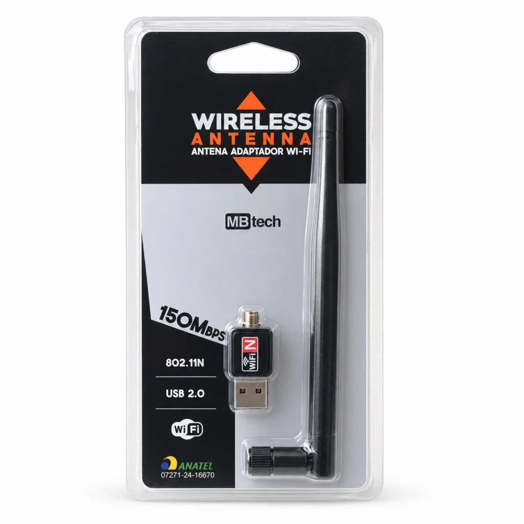 Adaptador Wi-Fi USB MBtech GB54453 com antena na embalagem, visto de frente
