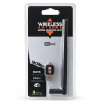 Adaptador Wi-Fi USB MBtech GB54453 com antena na embalagem, visto de frente